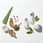 Natural skincare ingredients vs clinical skincare products flat lay comparison on white background.