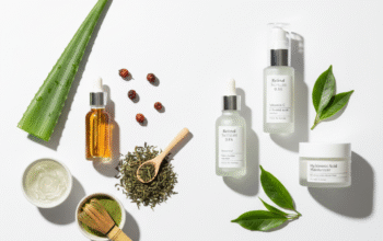 Natural skincare ingredients vs clinical skincare products flat lay comparison on white background.