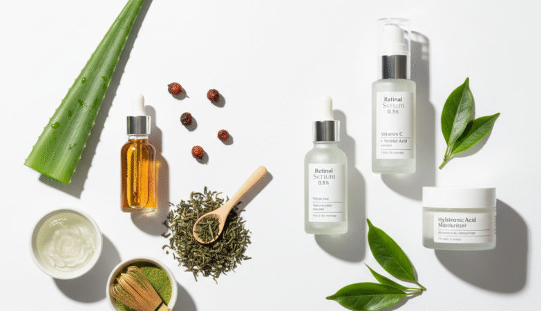 Natural skincare ingredients vs clinical skincare products flat lay comparison on white background.